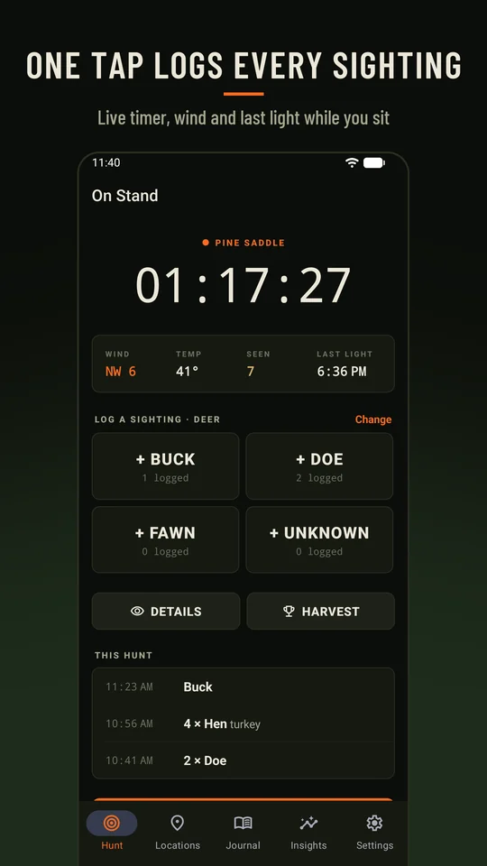 Live hunt screen with a running timer, wind, temperature and one-tap sighting buttons