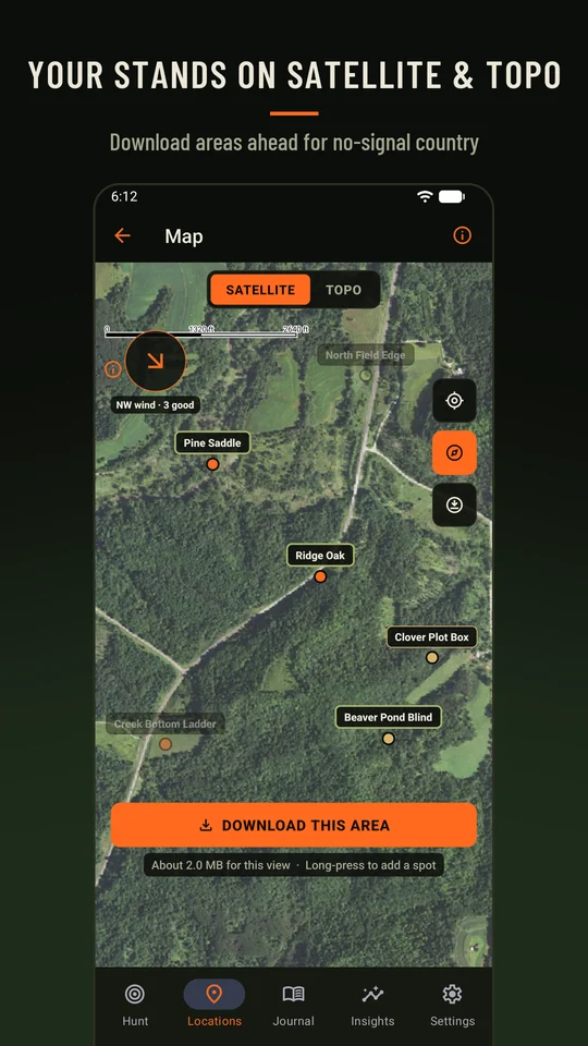 Satellite map with stand pins and the wind overlay